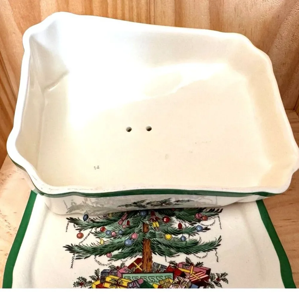 Spode Christmas Cream Cheese Wedge Dish with Handled Lid Size 7 5/8 Length - Picture 5 of 7